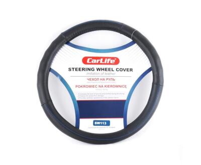 CARLIFE  Чохол на кермо зі штучної шкіри,чорний із синьою ниткою