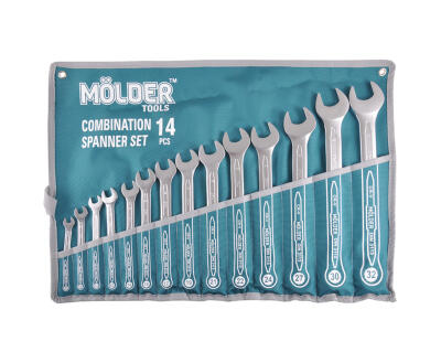 Набір ключів комбінованих MOLDER CR-V, 14шт. 8-32 мм,  8-10-12-13-14-16-17-19-21-22-24-27-30-32, хромово-ванадієва сталь, матове, сатинове  покриття, кільце під кутом 15°, DIN 3113, уп. пластик